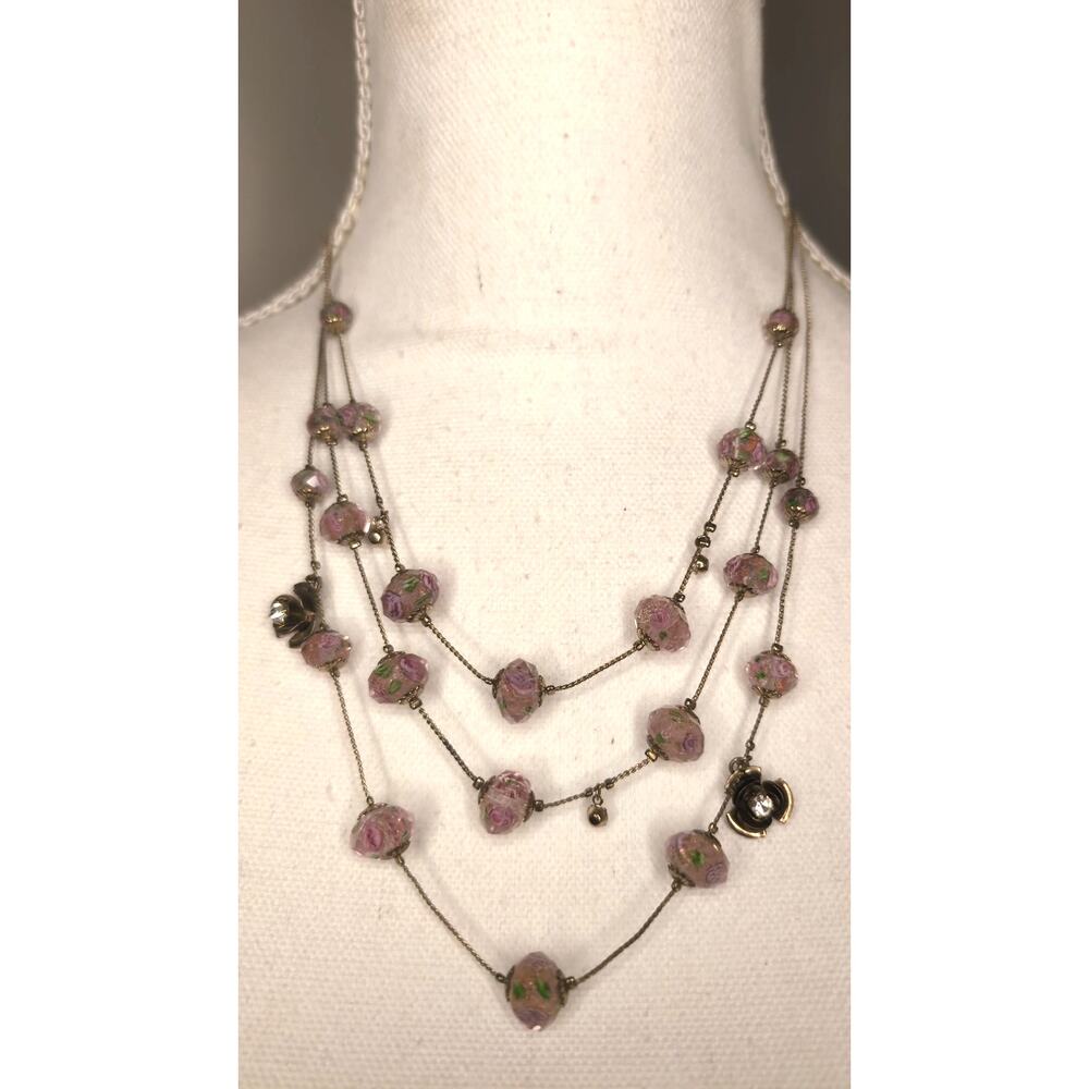 Betsy Johnson Vintage Tzarina collection rose pink floral 3 tier necklace